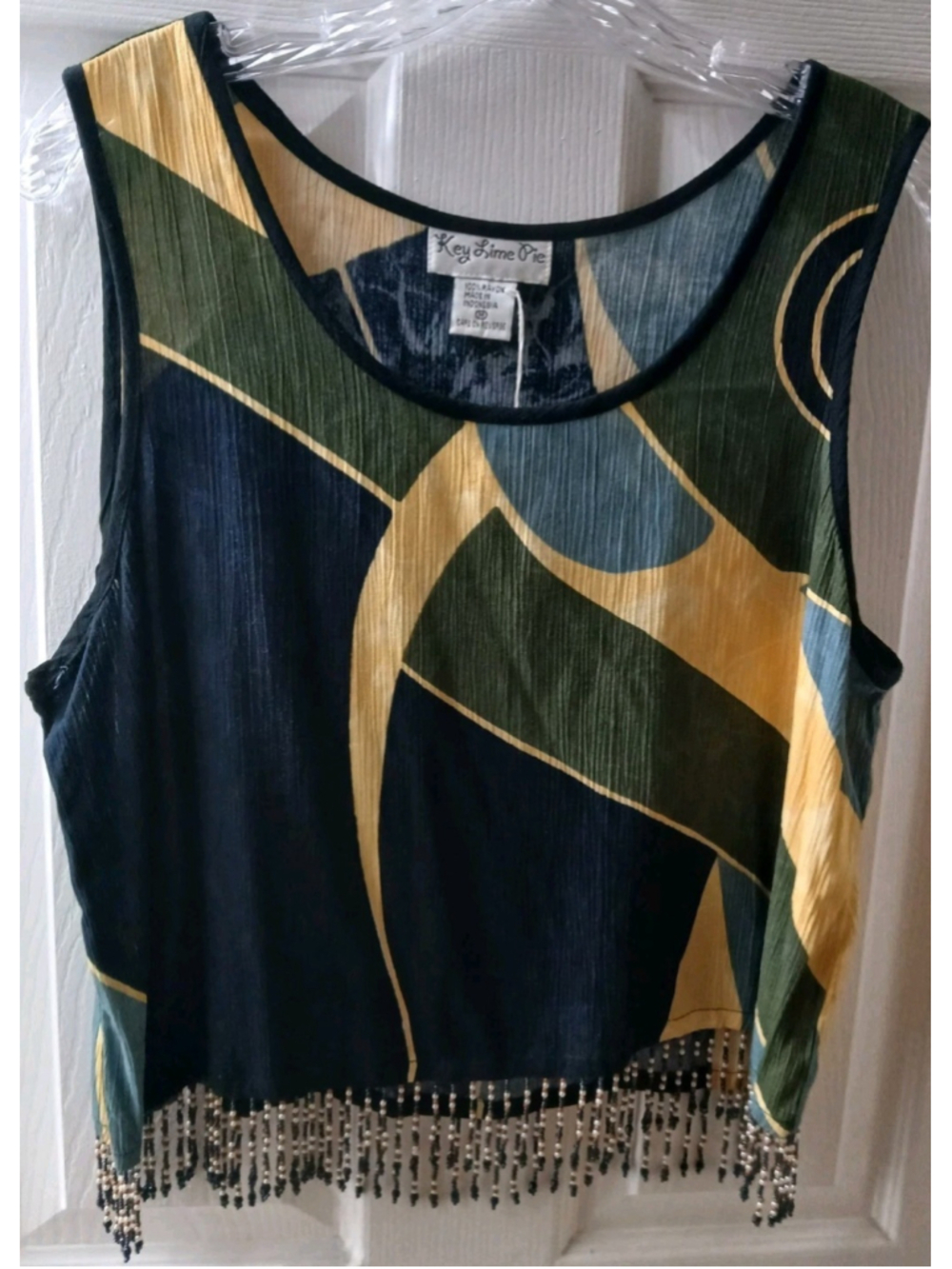 Key Lime Pie Womens Cropped Sleeveless Top Sz M Beaded Fringed Beach Boho Artsy